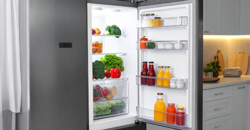 Refrigerador abierto con alimentos organizados para conservar energía y reducir consumo de electricidad