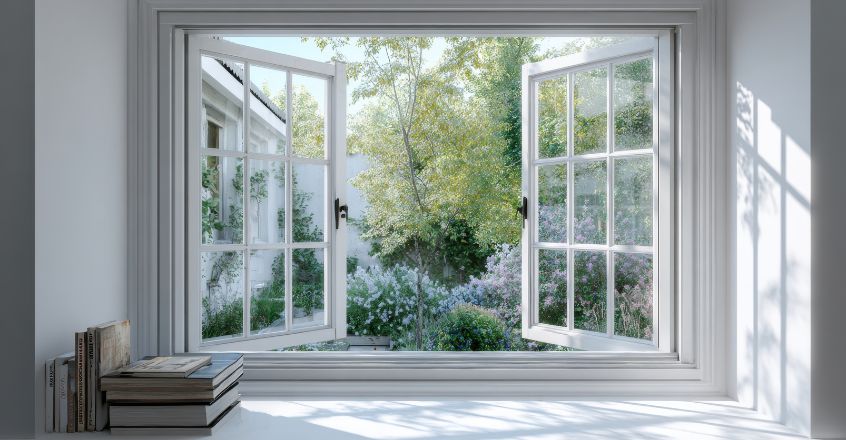 Ventanas abiertas que permiten ventilación y luz natural para reducir consumo de electricidad en casa