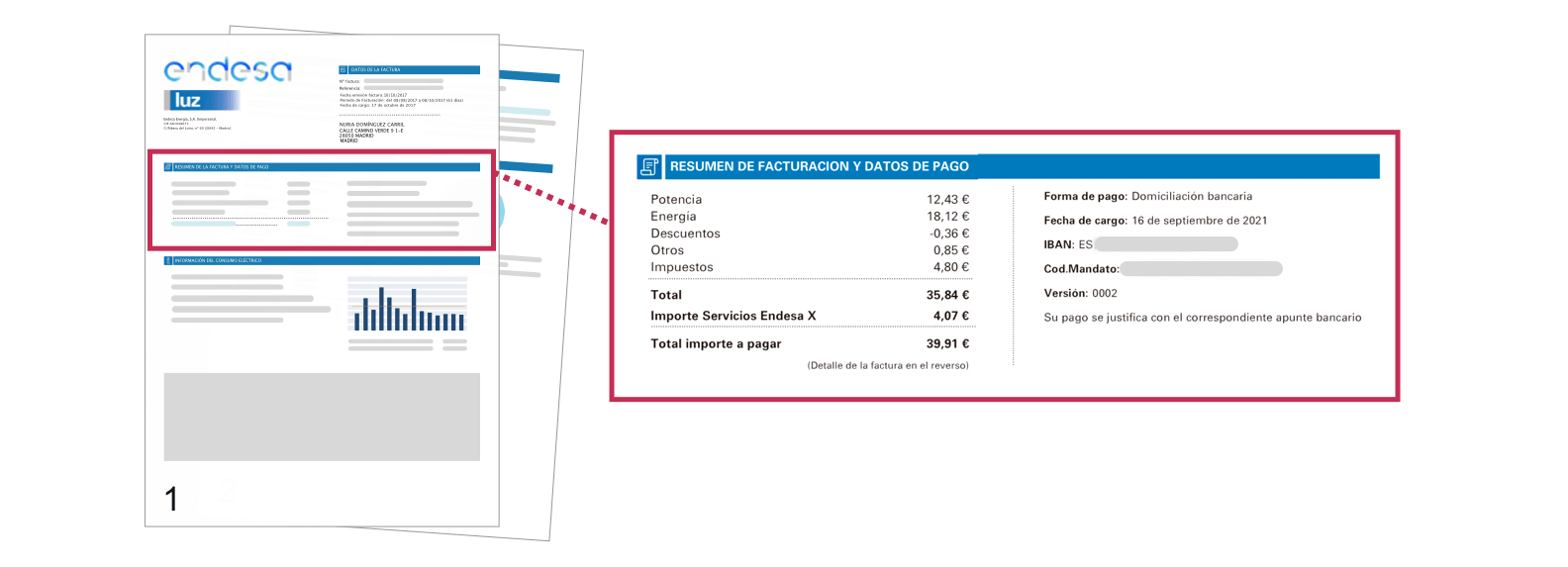  Modelo de factura eléctrica con el resumen de facturación y los datos de pago