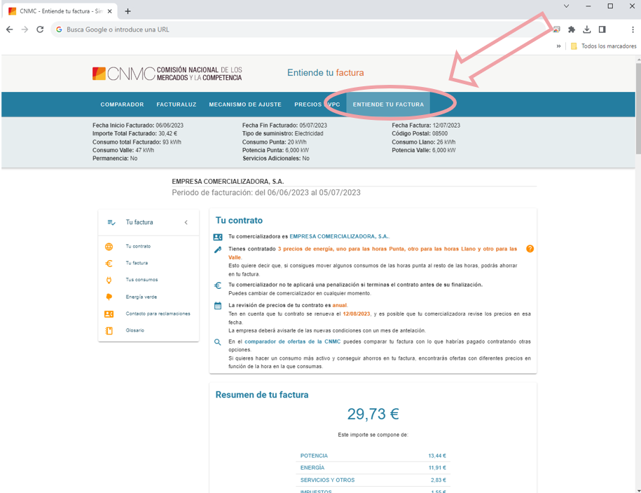 Herramienta ‘Entiende tu factura’ de la CNMC para comprender el consumo eléctrico.